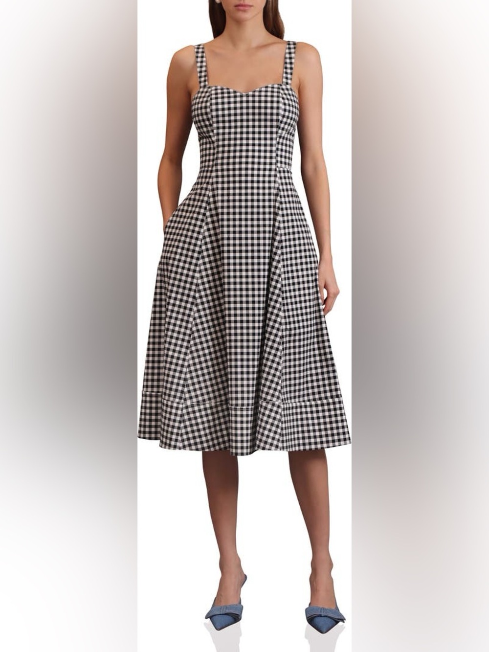 Avec Les Filles Black White Gingham Fit & Flare Sweetheart Midi Dress NWT 6